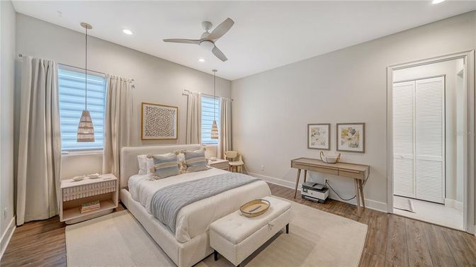 Bedroom, Interior, Recessed Lighting, Wood Texture Flooring