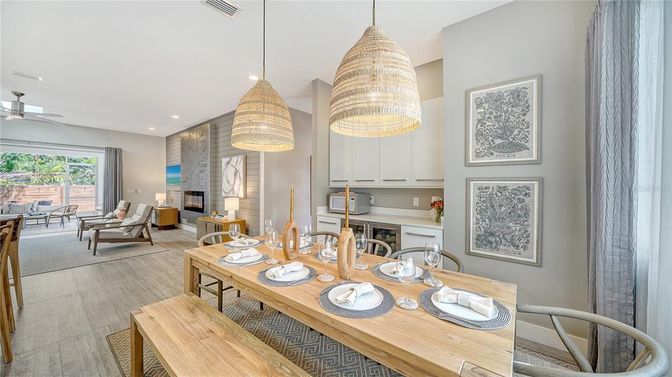 Dining room, Fireplace, Interior, Kitchen, Living room, Pendant Lights, Recessed Lighting, Wood Texture Flooring