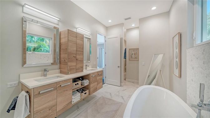 Bathroom, Dual Sink Vanities, Free Standing Baths, Interior, Marble, Recessed Lighting