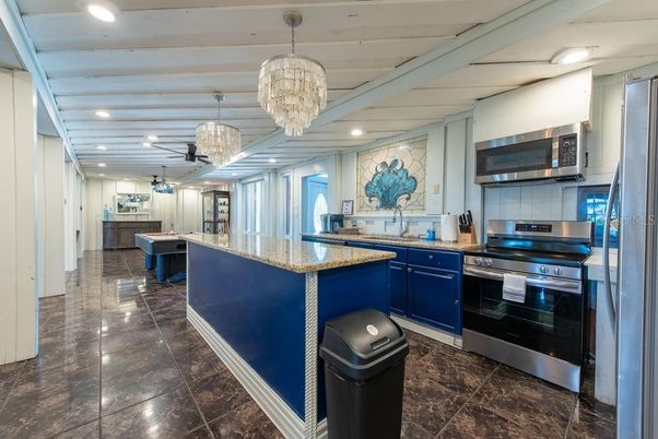 Chandelier, Interior, Kitchen, Recessed Lighting, Stainless Steel Appliances
