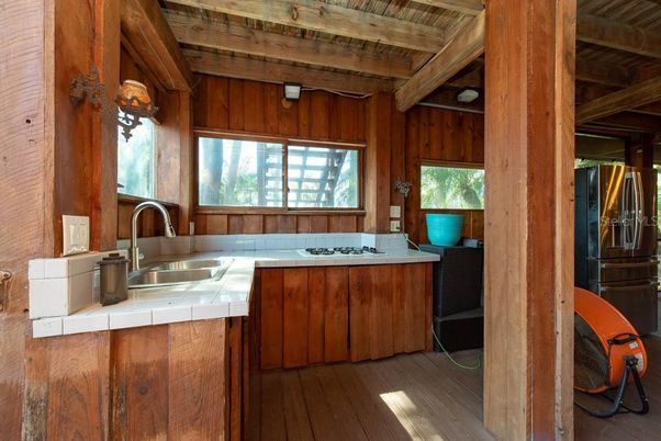 Interior, Kitchen, Tile Countertops, Wooden Beams, Wooden Ceilings, Wood Texture Flooring, Wooden Walls