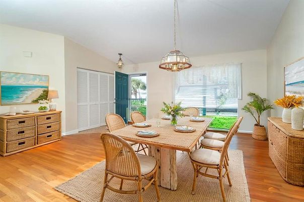 Dining room, Interior, Pendant Lights, Wood Texture Flooring