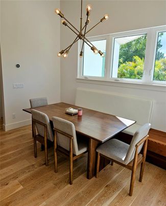 Dining room, Interior, Pendant Lights, Wood Texture Flooring