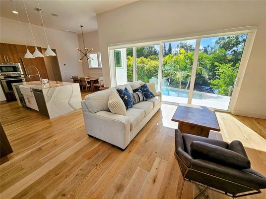 Dining room, Interior, Kitchen, Living room, Pendant Lights, Stainless Steel Appliances, Wood Texture Flooring