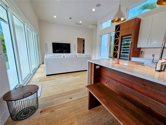 Interior, Kitchen, Living room, Pendant Lights, Recessed Lighting, Wood Texture Flooring