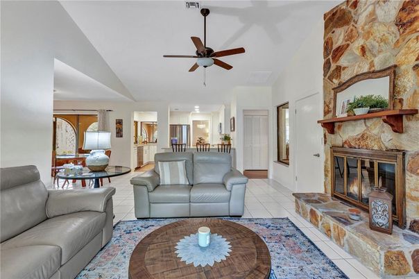 Fireplace, Interior, Kitchen, Living room, Stone Walls