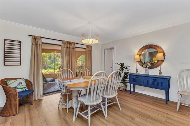 Dining room, Interior, Pendant Lights, Wood Texture Flooring