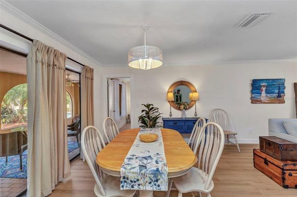 Dining room, Interior, Pendant Lights, Wood Texture Flooring