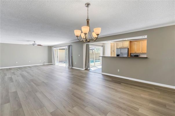 Chandelier, Empty room, Interior, Kitchen, Wood Texture Flooring