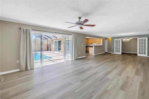 Chandelier, Empty room, Interior, Kitchen, Wood Texture Flooring