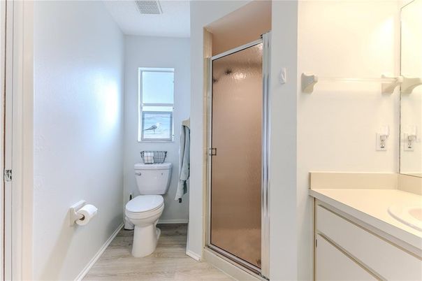 Bathroom, Glass Shower, Interior, Wood Texture Flooring