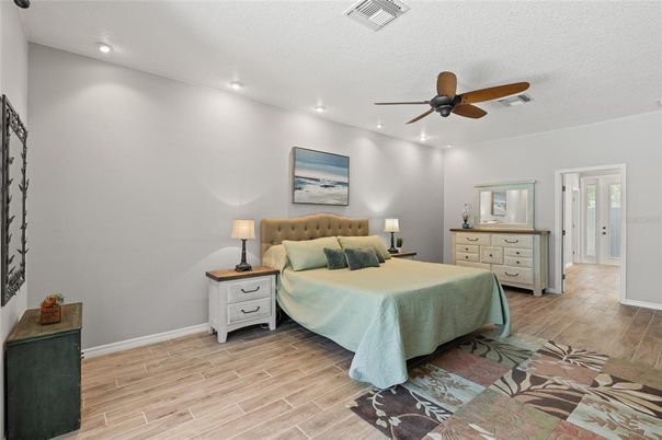Bedroom, Interior, Recessed Lighting, Wood Texture Flooring