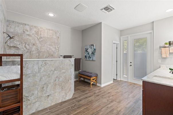 Bedroom, Interior, Recessed Lighting, Wood Texture Flooring