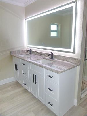 Bathroom, Dual Sink Vanities, Interior, Wood Texture Flooring