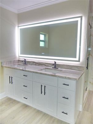 Bathroom, Dual Sink Vanities, Glass Shower, Interior, Wood Texture Flooring
