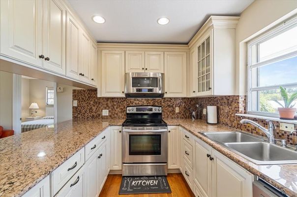 Interior, Kitchen, Recessed Lighting, Stainless Steel Appliances, Wood Texture Flooring