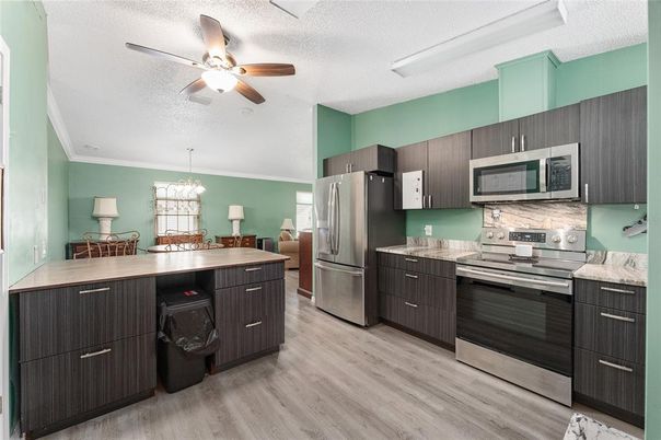 Chandelier, Interior, Kitchen, Stainless Steel Appliances, Wood Texture Flooring