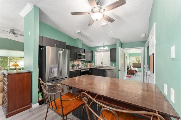 Dining room, Interior, Kitchen, Stainless Steel Appliances, Wood Texture Flooring
