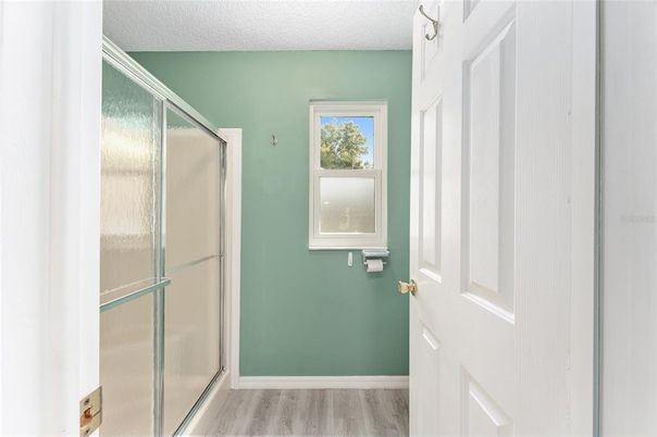 Bathroom, Glass Shower, Interior, Wood Texture Flooring