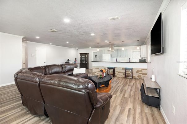 Interior, Kitchen, Living room, Pendant Lights, Recessed Lighting, Wood Texture Flooring