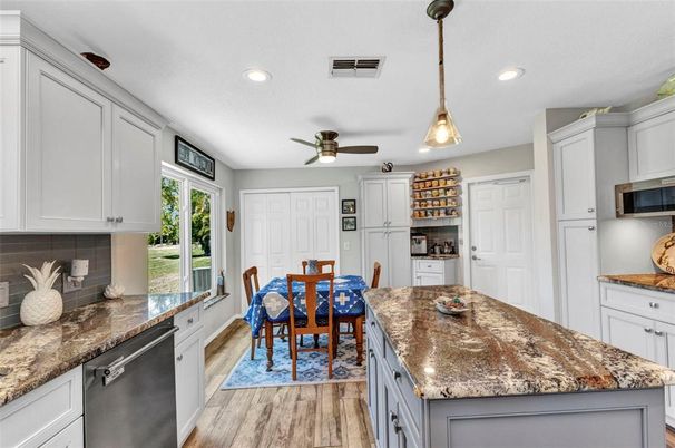 Dining room, Interior, Kitchen, Recessed Lighting, Wood Texture Flooring