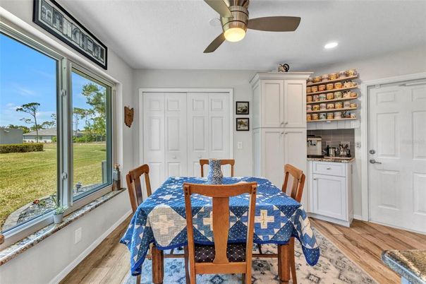 Dining room, Interior, Recessed Lighting, Wood Texture Flooring