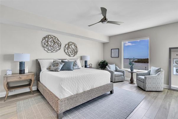 Bedroom, Interior, Recessed Lighting, Water, Wood Texture Flooring