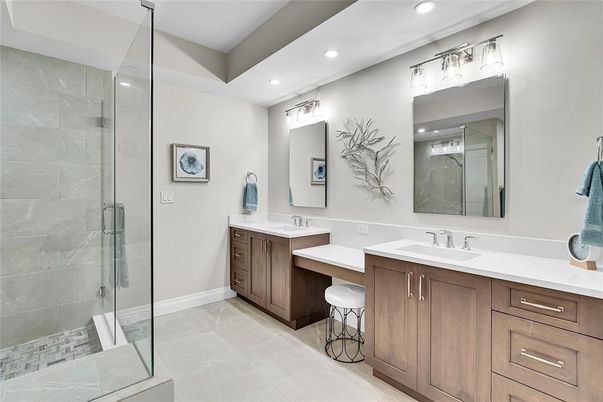 Bathroom, Dual Sink Vanities, Glass Shower, Interior, Recessed Lighting