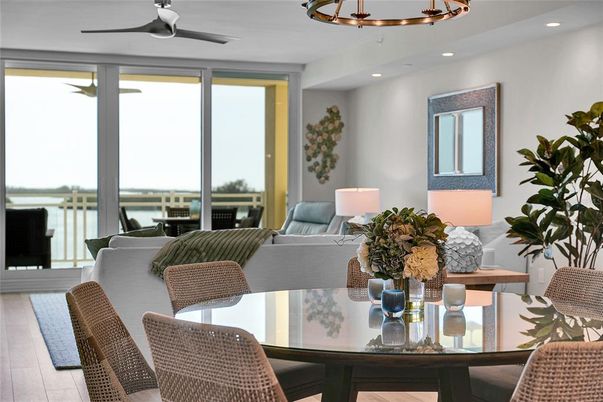 Dining room, Interior, Living room, Recessed Lighting, Water, Wood Texture Flooring