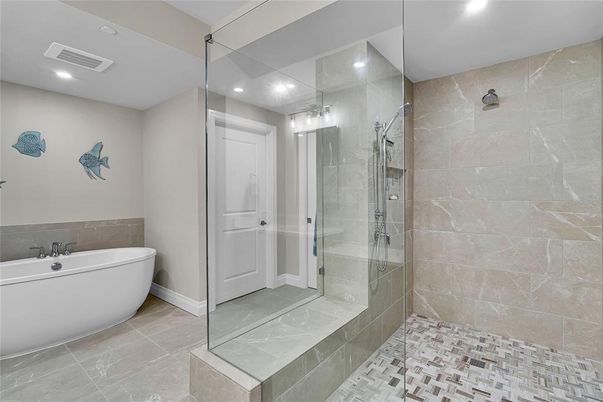 Bathroom, Free Standing Baths, Glass Shower, Interior, Recessed Lighting