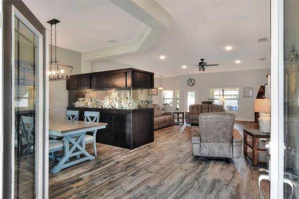 Dining room, Interior, Living room, Pendant Lights, Recessed Lighting, Wood Texture Flooring