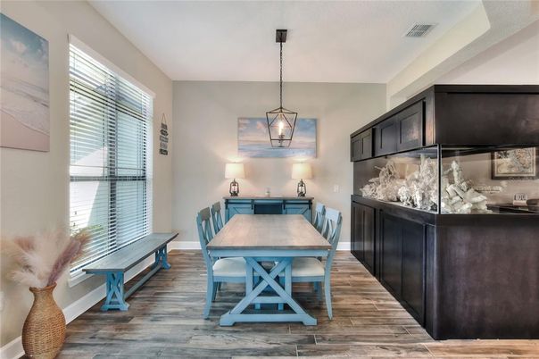 Dining room, Interior, Pendant Lights, Wood Texture Flooring