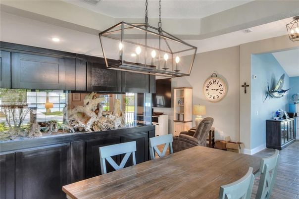 Dining room, Interior, Pendant Lights, Recessed Lighting, Wood Texture Flooring