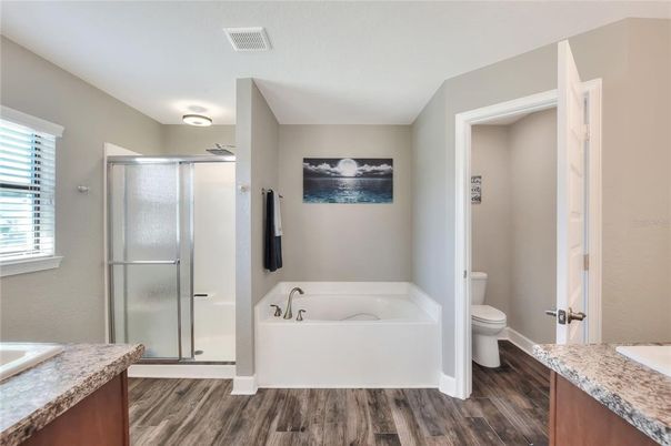 Bathroom, Glass Shower, Interior, Wood Texture Flooring