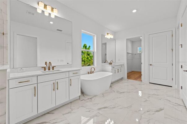 Bathroom, Dual Sink Vanities, Free Standing Baths, Interior, Marble, Recessed Lighting