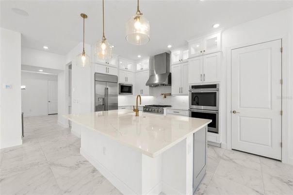 Interior, Kitchen, Marble, Pendant Lights, Recessed Lighting, Stainless Steel Appliances