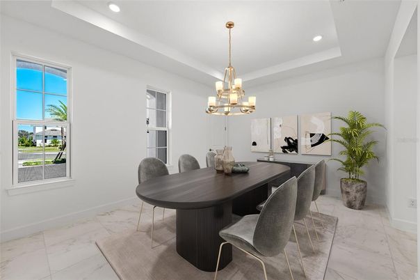 Chandelier, Dining room, Interior, Marble, Recessed Lighting