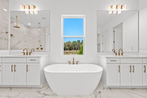 Bathroom, Dual Sink Vanities, Free Standing Baths, Glass Shower, Interior, Marble, Marble Walls