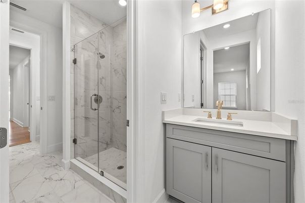 Bathroom, Glass Shower, Interior, Marble, Marble Walls, Recessed Lighting
