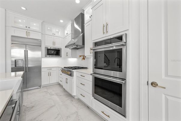 Interior, Kitchen, Marble, Recessed Lighting, Stainless Steel Appliances