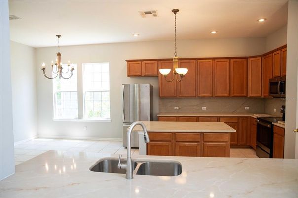 Chandelier, Interior, Kitchen, Pendant Lights, Recessed Lighting, Stainless Steel Appliances