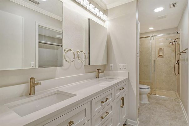 Bathroom, Dual Sink Vanities, Glass Shower, Interior, Recessed Lighting