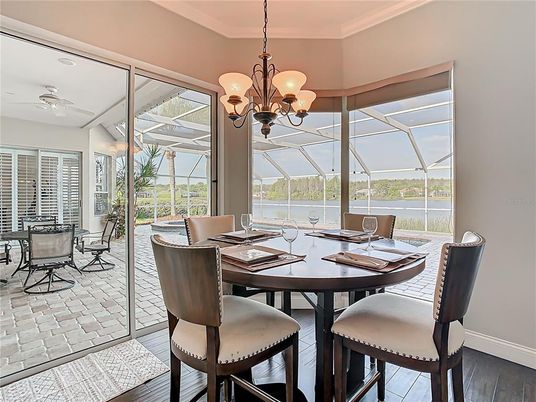 Chandelier, Dining room, Glass Ceilings, Interior, Sun Room, Wood Texture Flooring