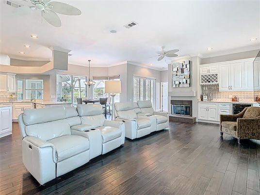 Dining room, Fireplace, Interior, Kitchen, Living room, Pendant Lights, Recessed Lighting, Wood Texture Flooring