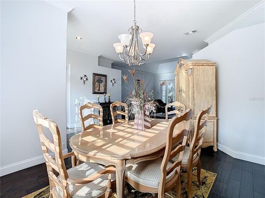Chandelier, Dining room, Interior, Recessed Lighting, Wood Texture Flooring