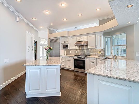 Interior, Kitchen, Recessed Lighting, Stainless Steel Appliances, Wood Texture Flooring