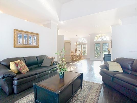 Dining room, Interior, Living room, Pendant Lights, Recessed Lighting, Wood Texture Flooring