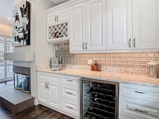 Fireplace, Interior, Kitchen, Recessed Lighting, Wood Texture Flooring