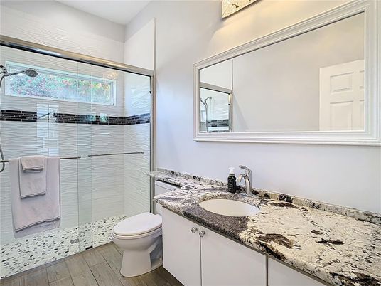 Bathroom, Glass Shower, Interior, Wood Texture Flooring