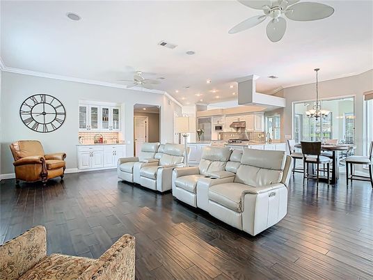 Chandelier, Dining room, Interior, Kitchen, Living room, Recessed Lighting, Wood Texture Flooring